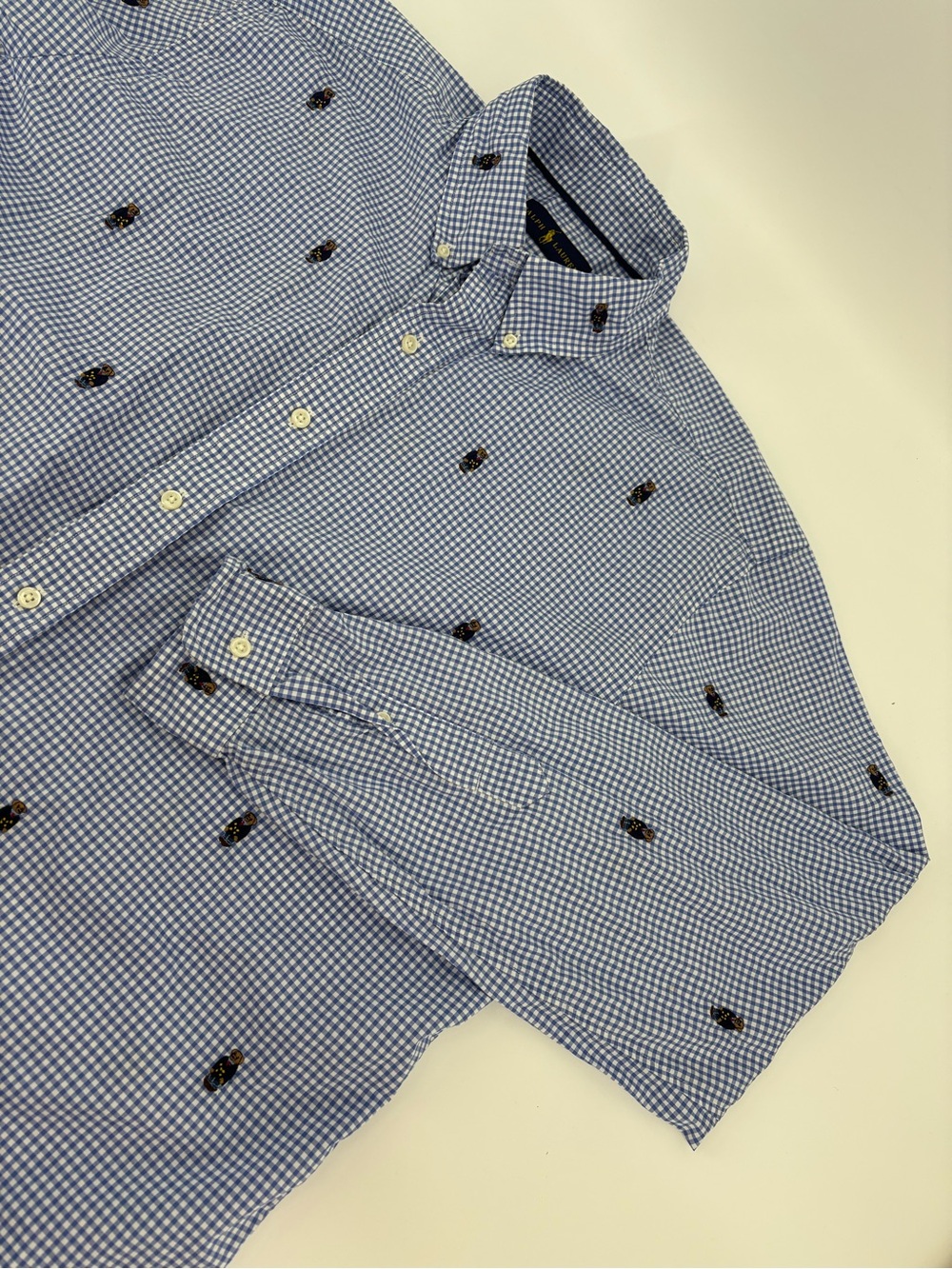Polo Ralph Lauren Shirt Men LT Large Tall Blue Gingham All Over Embroidered Bear